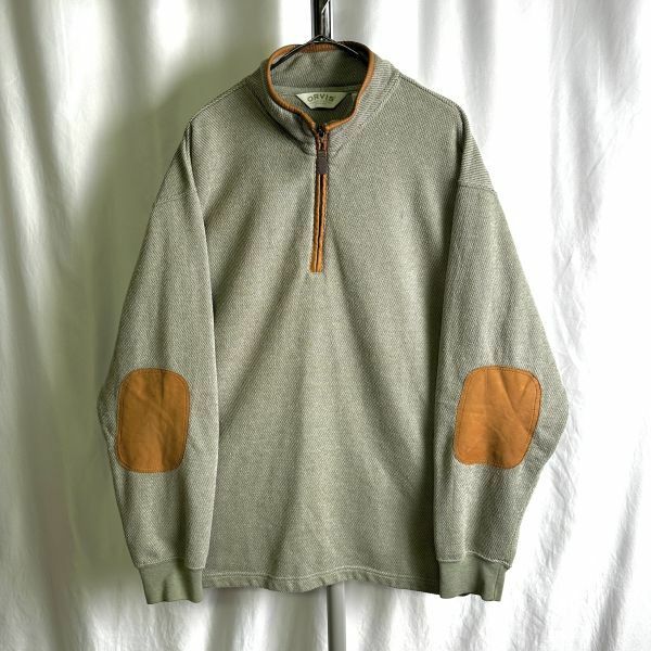 00s ORVIS レザー エルボーパッチ ハーフジップ スウェット プルオーバー L カーキ シャツ オービス 80s 00s 古着 オールド ビンテージ