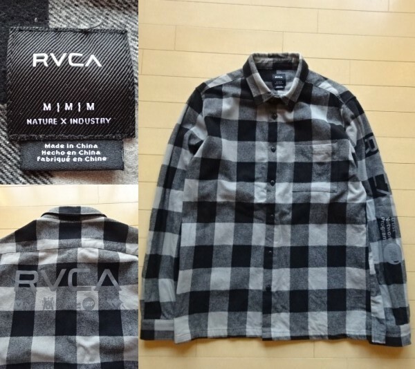 【RVCA】ロゴプリント入り チェック柄 長袖 ネルシャツ グレー×ブラック SIZE:MEDIUM (ルーカ)