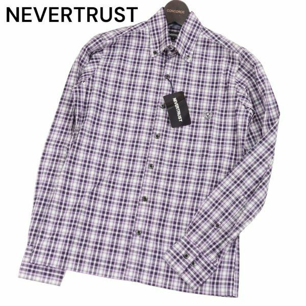 【新品 未使用】 NEVERTRUST ネバートラスト 通年 ロゴ刺繍★ 長袖 ボタンダウン チェック シャツ Sz.1　メンズ 日本製　I3T01535_A#C