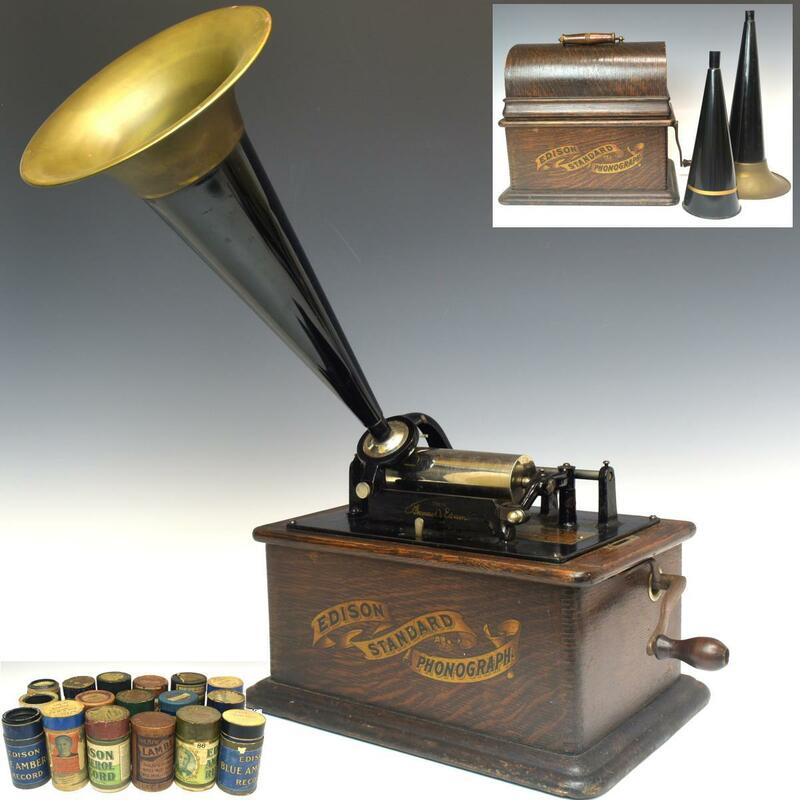 【趣楽】1900年頃トーマス・エジソン 蓄音機「EDISON STANDARD PHONOGRAP」可動 蝋管筒17本 J1951