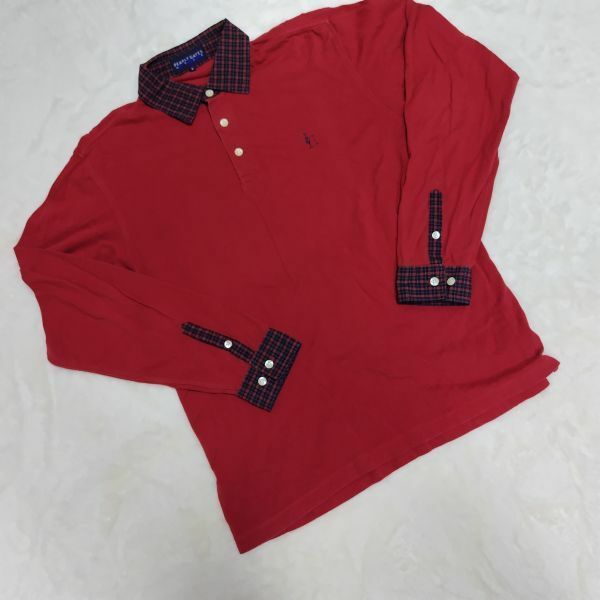 PEARLY GATES パーリーゲイツ 長袖ポロシャツ ワンポイント 刺繍 襟 袖 チェック 赤 サイズ2 ゴルフウェア メンズ M