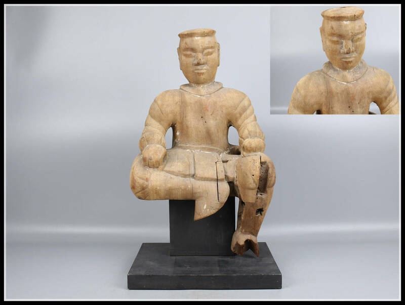 MA459 平安時代 木彫仏像 俑 置物　大型高52.5cm／台付 美品T！ zr
