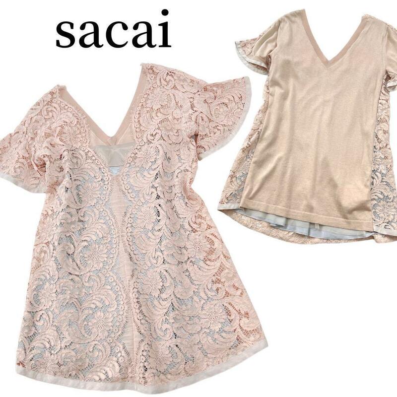 sacai バックレース Ｖネック レイヤードニットチュニック 11ss