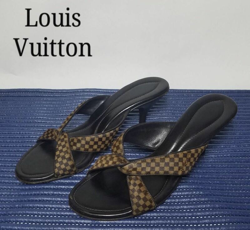 正規品ルイヴィトン LOUIS VUITTON サンダル ミュール ダミエ クロス 37.5 ブラウン 茶系 ハラコ レザー イタリア製