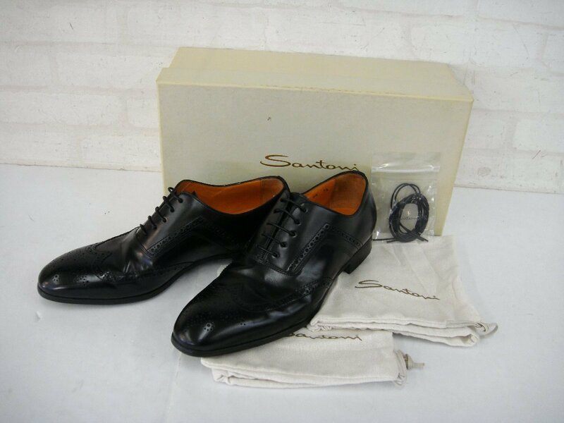 A128T【本物保証】 SANTONI サントーニ 17051 7 1/2 (約)26cm ウィングチップ メダリオン ブラック ビジネスシューズ メンズ