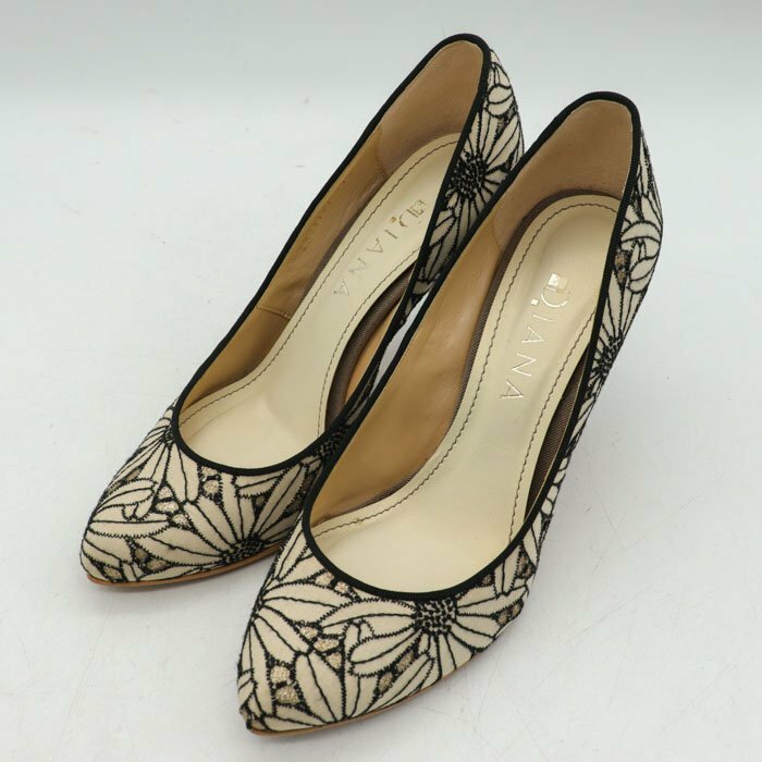 ダイアナ パンプス 花柄 刺繍 ハイヒール 日本製 シューズ 靴 ブランド レディース 24.5cmサイズ ブラック DIANA