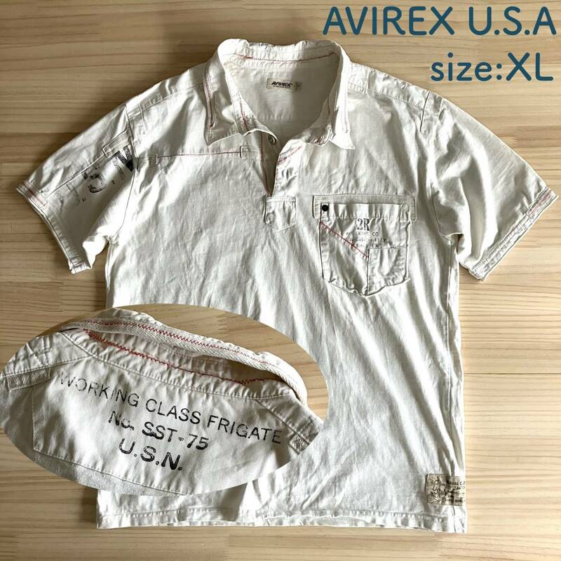 ■ AVIREX ■ XL ■ リペア風 シャツ ■ ユーズド ヴィンテージ加工 ■ パッチワーク プリント ■ オフホワイトのような ■ /