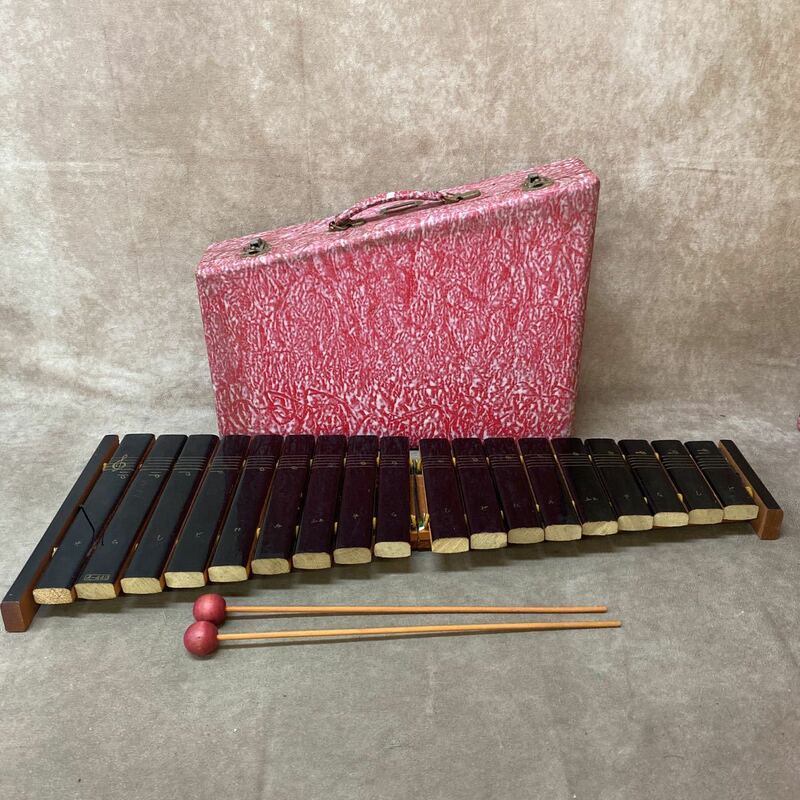 古い エテルナ 折りたたみ 木琴 シロフォン 木製 楽器 レトロ ケース付 バチ付き 撥 現状品 錆 痛み打楽器