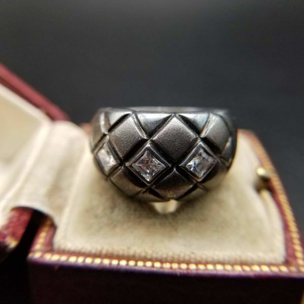 925シルバー ダイヤカット ラインストーン アールデコ ヴィンテージ リング 銀 指輪 彫金 ビンテージ いぶし銀 S159