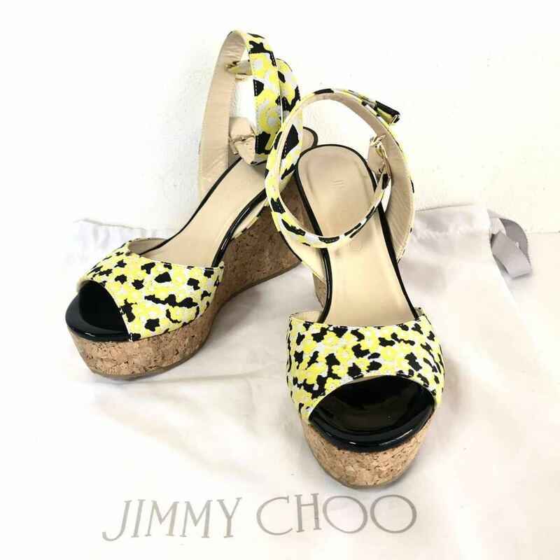 ■美品■JIMMY CHOO ジミーチュウ　ウェッジソール　サンダル　ミュール　厚底　スペイン製　花柄　底面スター　サイズ34.5(21.5cm)