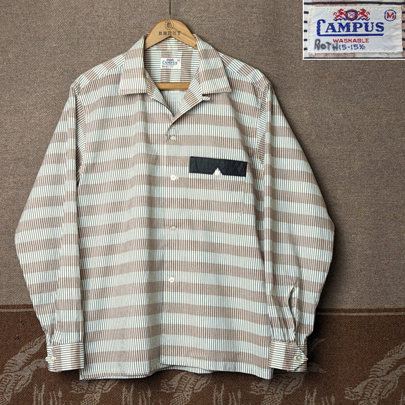 2連ボタン 【CAMPUS】 50s Striped Cotton Box Shirt / 50年代 オープンカラー ボックス シャツ ボーダー ロカビリー ビンテージ 40s60s