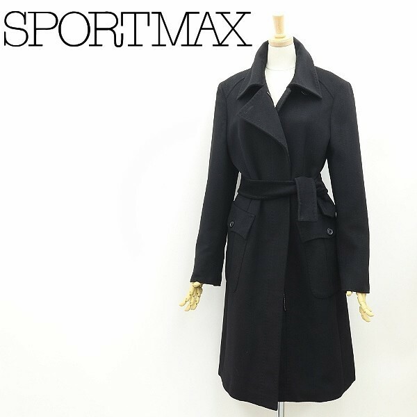 ◆SPORTMAX マックスマーラ カシミヤ混 リボンベルト付 ウール ジップ ロング コート 黒 ブラック 42