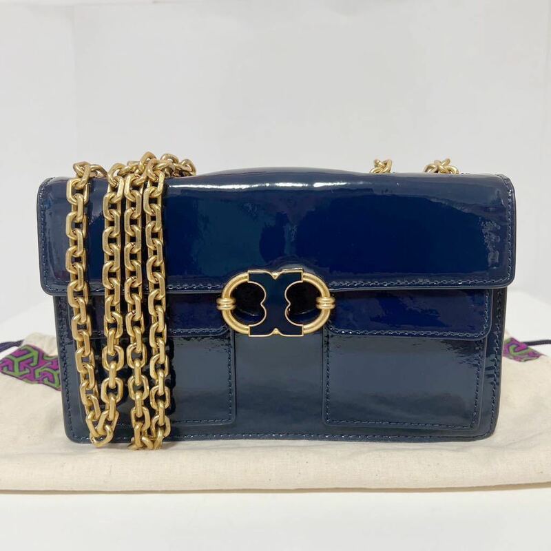 TORY BURCH トリーバーチ エナメル チェーン ショルダーバッグ ネイビー 中古