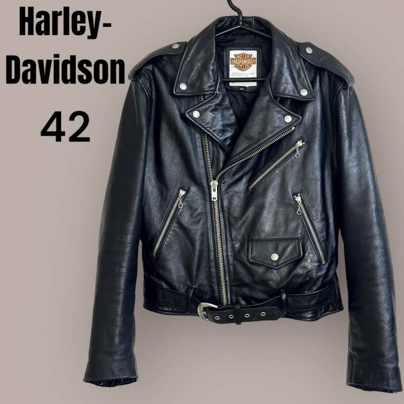 ☆美品☆Harley Davidson ハーレーダビッドソン ダブルライダース レザージャケット 42サイズ 黒 ブラック 牛革 メンズ