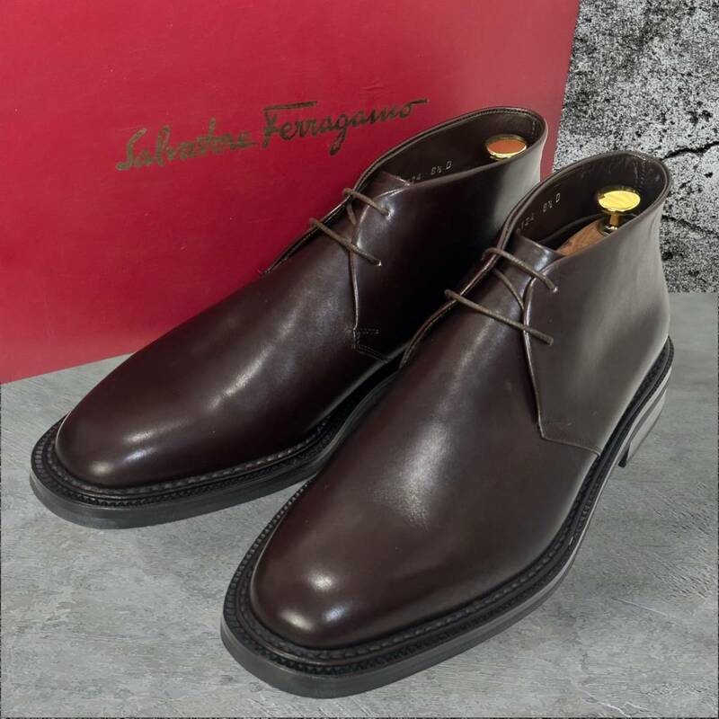 ☆未使用級☆Salvatore Ferragamo サルヴァトーレフェラガモ チャッカブーツ 8.5/26.5cm 本革 ダークブラン 茶系 ビジネスシューズ ブーツ