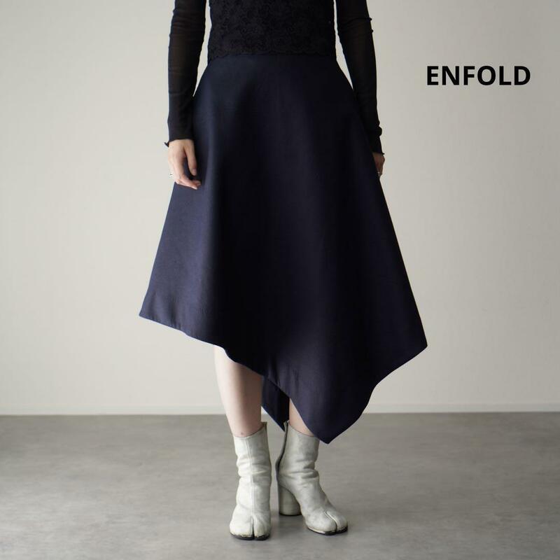 美品 ENFOLD ロングスカート フレア リネン100% ダブルクロス 裏地あり ネイビー 変形スカート ボリュームスカート
