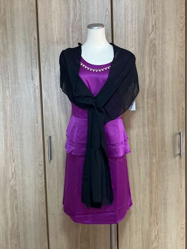 【大きいサイズ新品】Synchronicity◆紫 シンプルなドレス(キラキラ飾り&ショール付) フォーマル◆サイズ17ABR(LLくらい) ◆送込