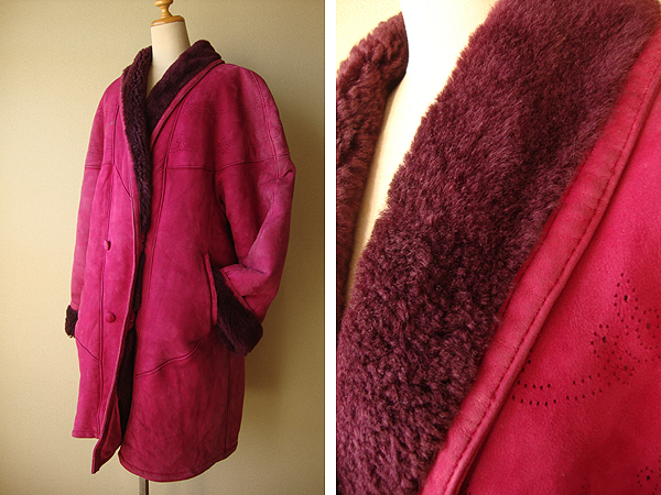 トルコ製 羊革 ラム レザー リアル ムートン ファー コート 40 LL XL 相当 紫ピンク 本革 大きいサイズ