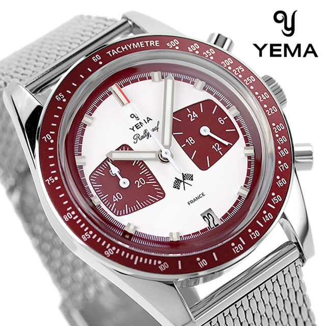 イエマ ラリーグラフ メカ クオーツ 腕時計 メンズ クロノグラフ YEMA YMHF1580-LM ホワイト レッドブラウン 白