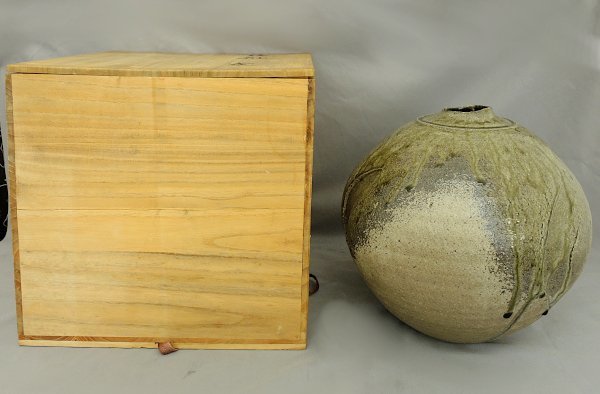 廣崎裕哉 灰釉 壺 27cm 壷 一哉窯 益子焼 花瓶 共箱破損 中古 陶器 陶芸家 物故 広崎裕哉