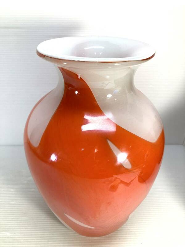 マルティグラス　ガラス花瓶　オレンジ＆ホワイト　昭和レトロ　インテリア　花入れ
