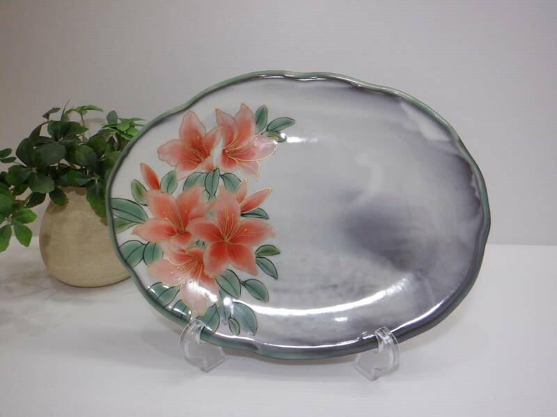 京焼 とうあん 陶あん 楕円皿 ツツジ 花紋 （直径25.5㎝×19㎝）和食器 長皿 未使用 