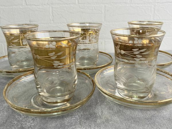 ヴィンテージ チャイグラス&ソーサー 5客セット トルコ製 クリスタルグラス ゴールドライン カットガラス 自宅保管品 　　