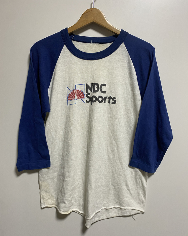 70's 80's ビンテージ▽NBC Sports ラグラン 7部丈Tシャツ 7部袖Tシャツ M-L 白 紺 ホワイト ネイビー 企業物