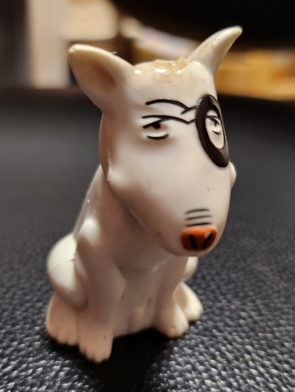 1983年 平成イヌ物語バウ おすわり ソフビ 人形 フィギュア ブルテリア 犬 タカラ 日本製 