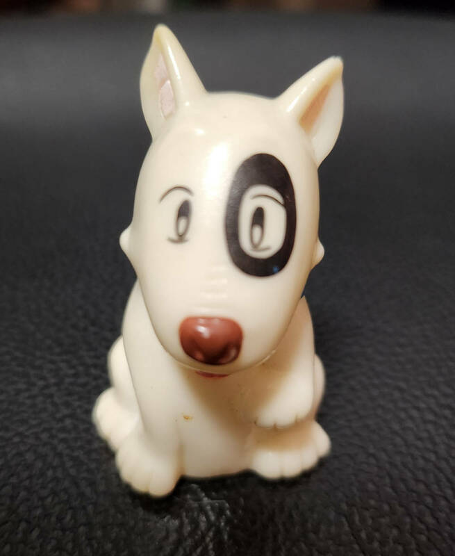 1983年 平成イヌ物語バウ おすわり ソフビ 指人形 フィギュア ブルテリア 犬 日本製 マーキング