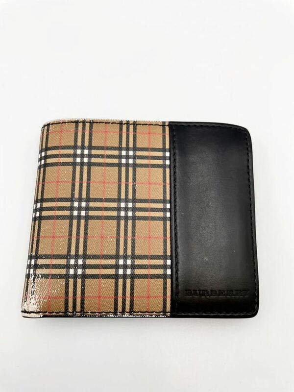 バーバリー　二つ折り財布　ブラック× チェック　小銭入れ付き　PVC 美品　メンズ　レディース　カードケース　コインケース