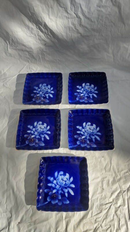 深川製磁 深川製 角皿 取皿 花 瑠璃色 4皿 ＋1 ジャンク