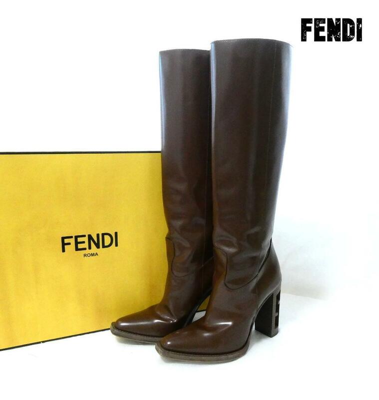 美品 FENDI フェンディ サイズ36 約23㎝ ロゴヒール パテントレザー スクエアトゥ ジョッキーブーツ ロングブーツ 茶 ブラウン