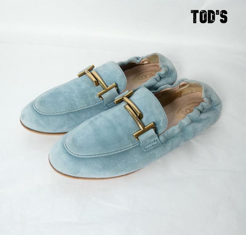 美品 TOD'S トッズ 34.5 約21.5㎝ スエード 踵踏める ローファー フラットシューズ バレエシューズ ロゴ ラウンドトゥ ライトブルー