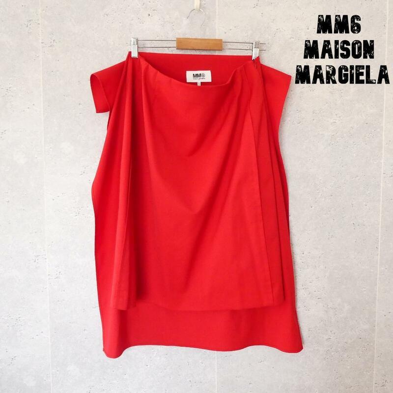 美品 MM6 Maison Margiela エムエムシックスメゾンマルジェラ サイズ46 サイドバタフライ 前後アシンメトリー ロングスカート 赤 レッド