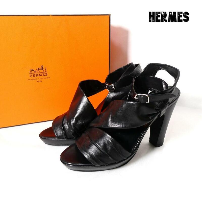 美品 HERMES エルメス サイズ36 約23㎝ レザー アンクルストラップ オープントゥ チャンキーヒール サンダル 黒 ブラック