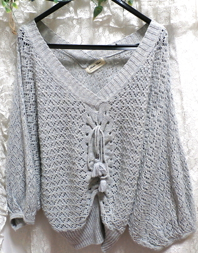 灰グレー水色ポンチョ型編みレース/セーター/ニット/羽織 Gray light blue poncho shape lace/sweater/knit/coat