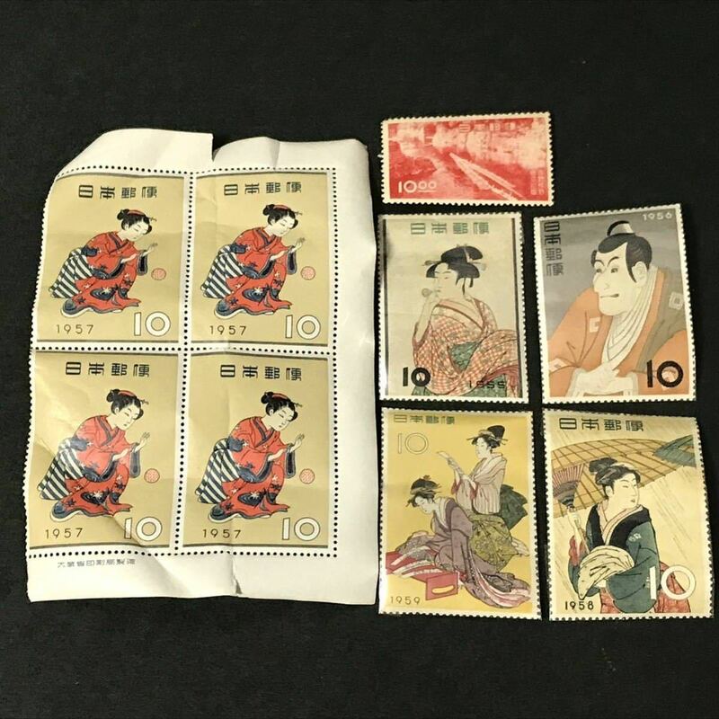 日本切手 記念切手 切手趣味週間 浮世絵源氏八景等 1955年〜1959年 10円切手 まとめてバラ9枚