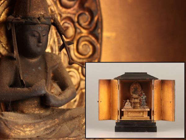 仏教美術 時代木彫 大日如来 三尊仏 仏像 厨子 時代物 極上品 初だし品 C2581