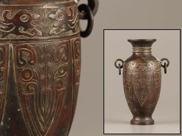 中国古玩 唐物 明代 古銅造 饕餮文 双耳 遊環 花瓶 時代物 極上品 初だし品 C2741
