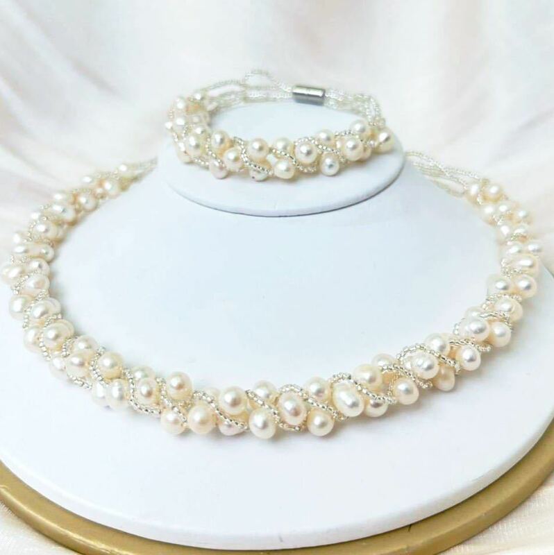 「ベビーパールネックレス×水晶5-6mm」天然パールネックレス　ブレスレット　40cm 17cm 57cm jewelry 真珠ネックレス