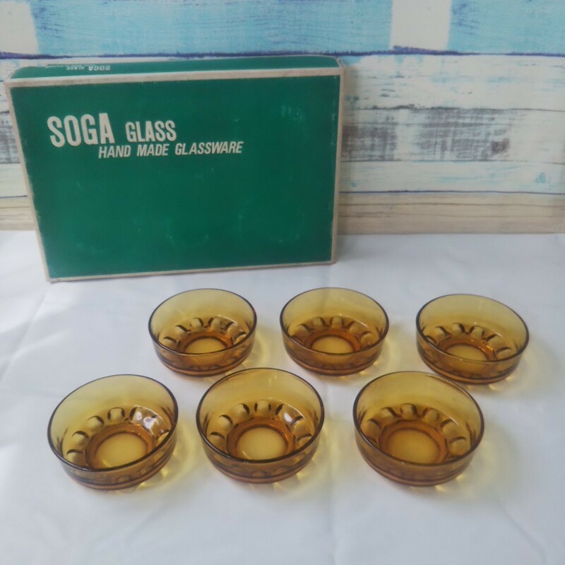 アンバーガラス サラダボウル フルーツ鉢 6個 琥珀 飴色硝子 SOGA GLASS HAND MADE GLASSWARE 当時物 ガラス鉢 器 