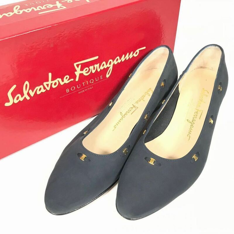 【フェラガモ】本物 Ferragamo 靴 23.5cm ヴァラ パンプス カジュアルシューズ ヌバック系レザー 女性用 レディース イタリア製 6 C 箱有