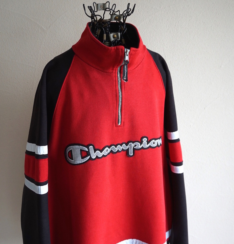 1990s〜 ヴィンテージ Champion ハーフジップ スウェットプルオーバー M 赤黒 モックネック ハイネック ラグラン チャンピオン USA 古着