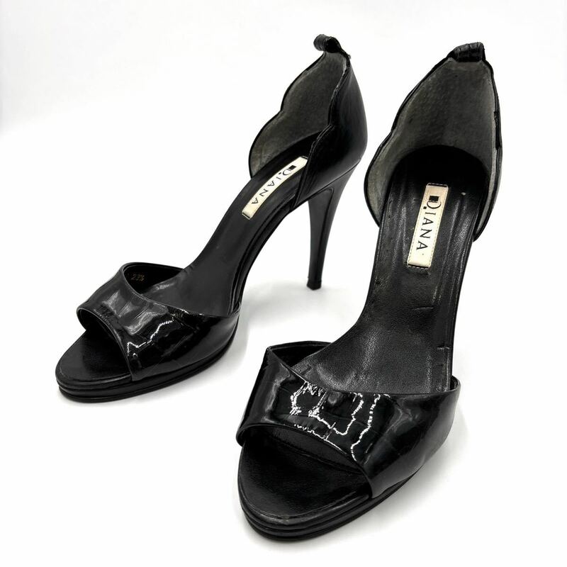 B ＊ 日本製 '洗練されたシルエット' DIANA ダイアナ 本革 ヒール サンダル 23.5cm G レディース 婦人靴 シューズ BLACK 黒 