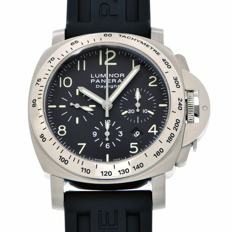 [3年保証] パネライ メンズ ルミノール クロノグラフ デイライト PAM00196 H番 ブラック 黒 ラバーベルト 自動巻き 腕時計 中古 送料無料