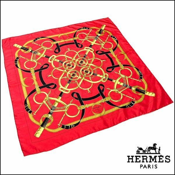 TS HELMES/エルメス スカーフ カレ90 Eperon Dor 黄金の拍車 赤 90×90cm シルクスカーフ