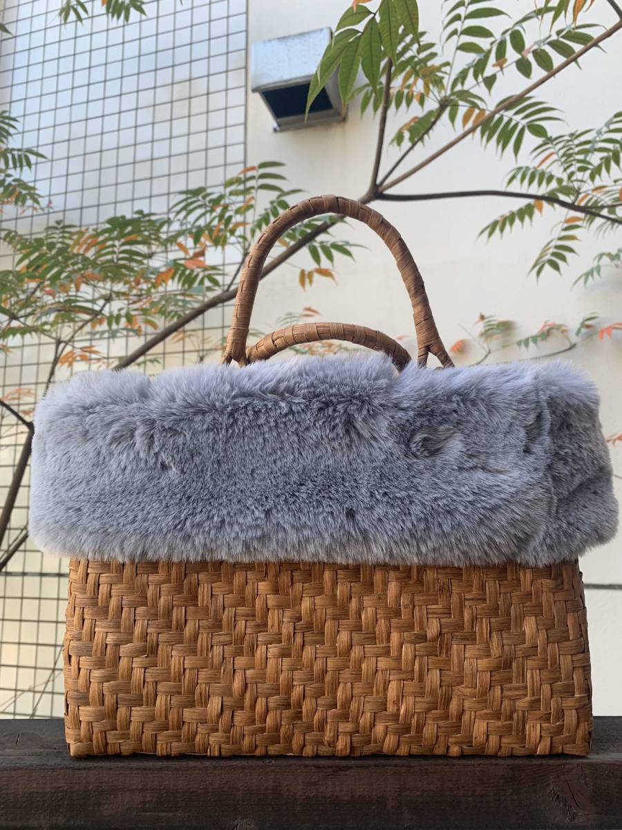 【秋冬】山葡萄かごバッグ　手作り　網代編み　定番　内布あり　グレーファー付き