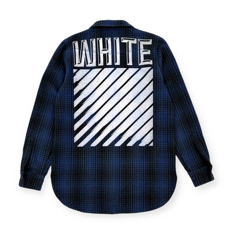 希少!!レア!!初期!!◆オフホワイト OFF WHITE バイアスロゴ バックプリント ヘビーウェイト チェック柄 ウール ネルシャツ ジャケット S