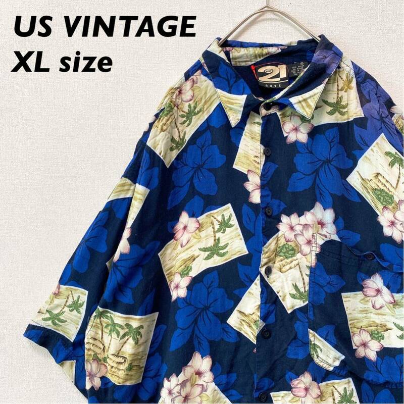 US古着　アロハシャツ　ハワイアン　半袖　総柄　花柄　ヤシの木　男女兼用　XLサイズ　ユニセックス　大きいサイズ　柄シャツ